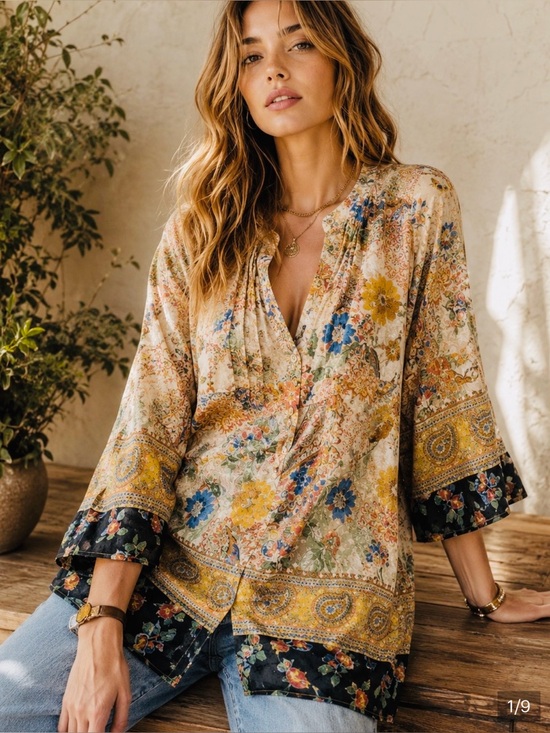 fig and flower Tops - fig and flower 🌼 anthropologie Cream Floral Button-Down Tunic
